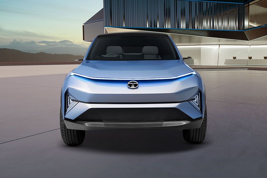 Tata Curvv EV front view showcasing coupe-style grille and LED headlights