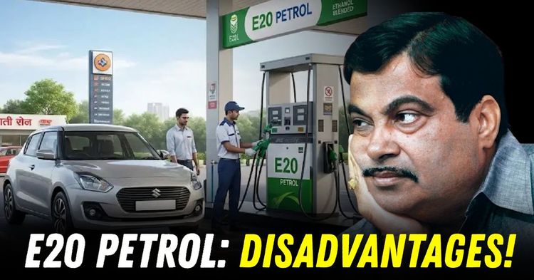 E20 petrol disadvantages in India – car at fuel station with Nitin Gadkari concerned about ethanol-blended fuel impact.